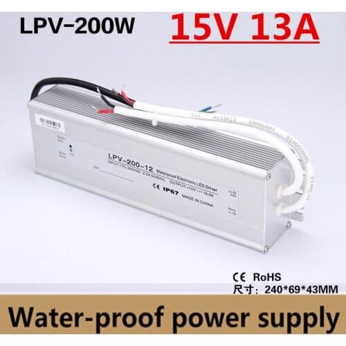 Factory outlet 200W 15V 13A Waterproof outdoor Single Output power supply for LED light led driver Aluminiun case LPV-200-15