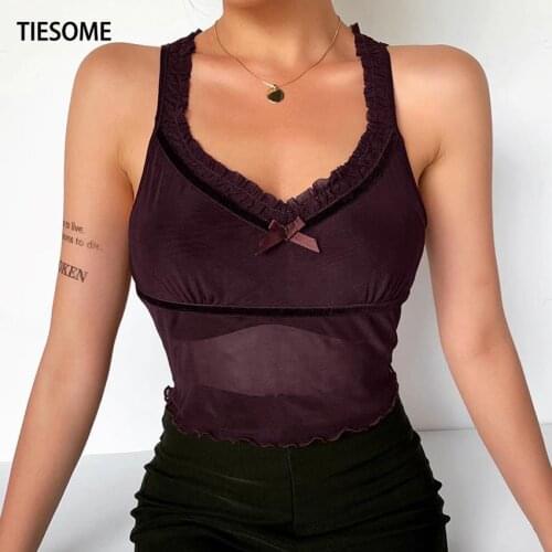 TIESOME Brown Sexy Casual bottom tanks-top Slim Short V-neck tank top Summer perspective lace Camisole Sleeveless Bow fashion