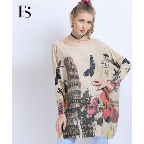 Autumn Vintage Batwing Sleeve Loose Women Sweater Sexy Off Shoulder Solid Color Cartoon Print Casual Knitwear