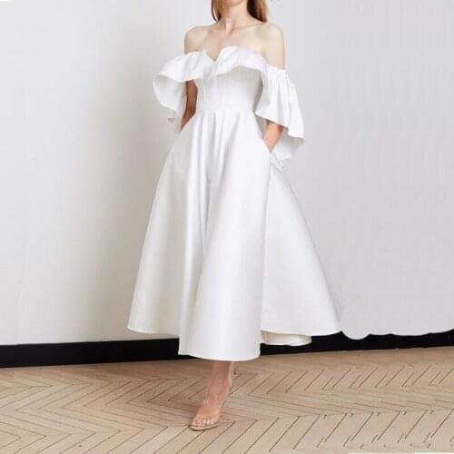 Women White Dress Fashion Butterfly Sleeve Slim Mid Length Dress Sexy Off Shoulder Retro Dress Ladies Party Dress Casual