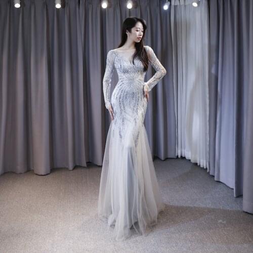 Beauty-Emily Long Sexy O Neck Mermaid Gowns Elegant Beading Evening Dresses Luxury High-end Party Dress Crystal Open Back 2020
