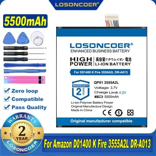 100% Original LOSONCOER QP01 3555A2L 5500mAh Battery For Amazon D01400 K Fire 3555A2L DR-A013 E3GU111L2002 GB-S02-3555A2-0200