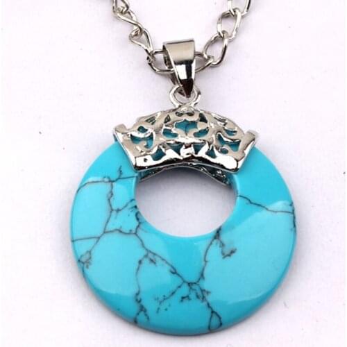 100-Unique Silver Plated Blue Howlite Stone Round Hollow Shape Pendant Fashion Jewelry For Necklace