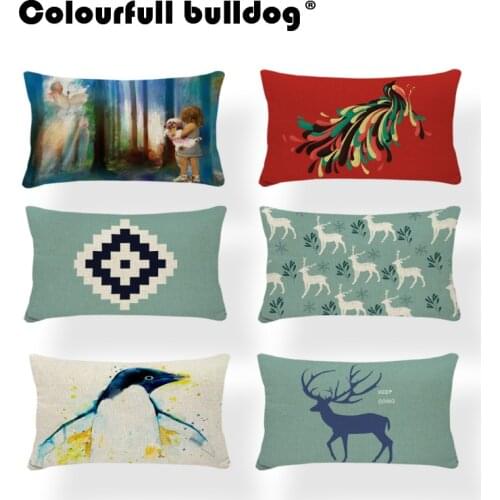Watercolor Deer Cushion Covers Schnauzer Pillow Case Cover Geometry Green Plaid Tweed Penguin Forest Dakimakura Rectangle Linen