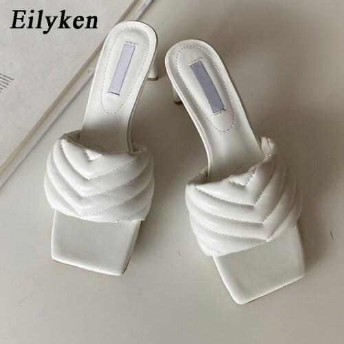 Eilyken Fashion Sewing Womens Slippers Solid Cozy PU Leather Square Toe Sandals Femme Low Heel Party Dress Shoes