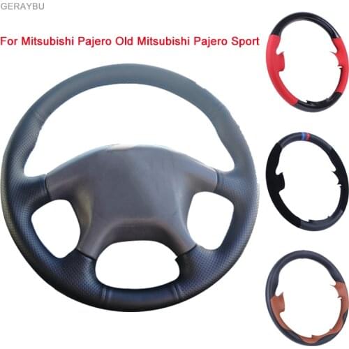 GERAYBU Custom DIY Black Leather Hand-Sewn Car Steering Wheel Cover For Mitsubishi Pajero Old Mitsubishi Pajero Sport Breathable