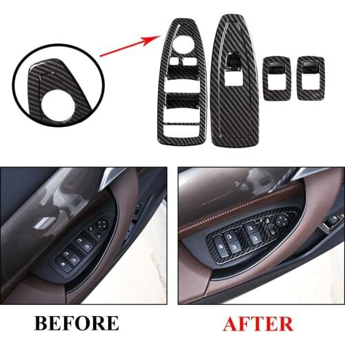JEAZEA 4Pcs Carbon Fiber Car Interior Door Armrest Panel Window Lifter Switch Trim Cover For BMW X1 F48 2016 2017 2018 2019