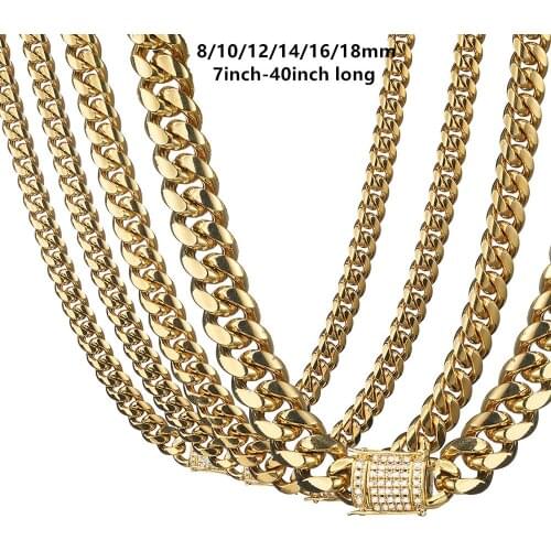 8/10/12/14/16/18mm Gold Color Curb Link Chain Choker Necklace Jewelry Christmas Gift with Rhinestone