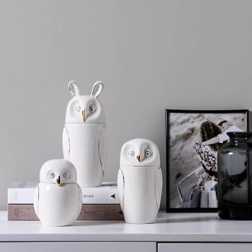 Creative White Ceramic Owl Jar Cute Animal Storage Living Room Desktop Decoration Candy Jewelry Cosmetic Storage Jar Home Decor