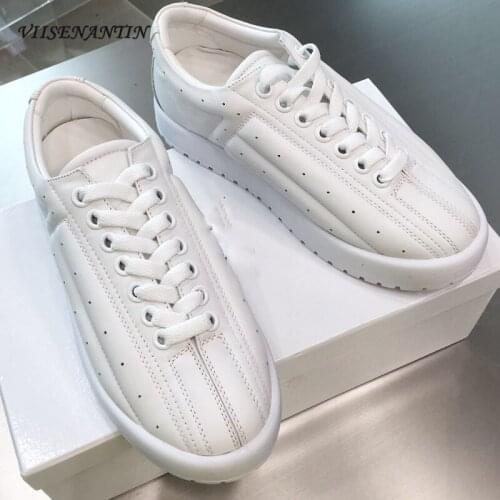 Genuine Leather Increased Casual Breathable Single Shoes Round Toe Thick Bottom Lace Up Muffins Fashion All-match White Shoes