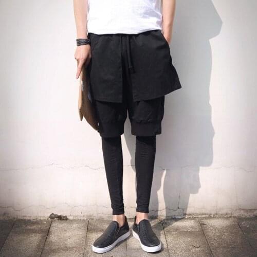 Hot 2021 New Men Fashion Casual Trousers Personality Tide Pants Hairstylist Male Slim Korean Fake two-piece culottes Costumes