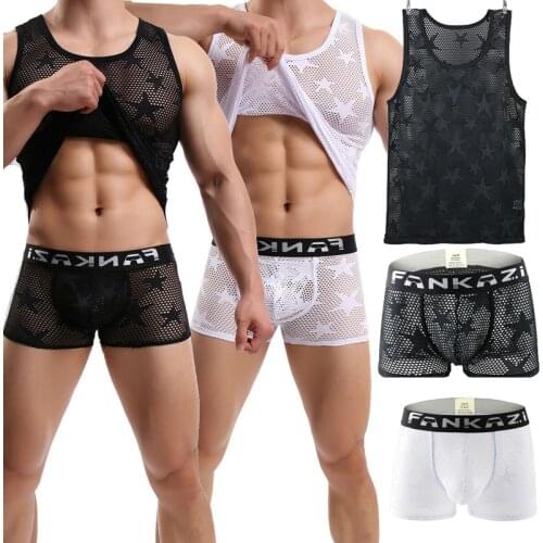 Men Clothes Set Undershirts Mesh See Through Men Tank Tops Hollow Out Underwear Panties Fitness Boxershorts Underpants Vest Tops