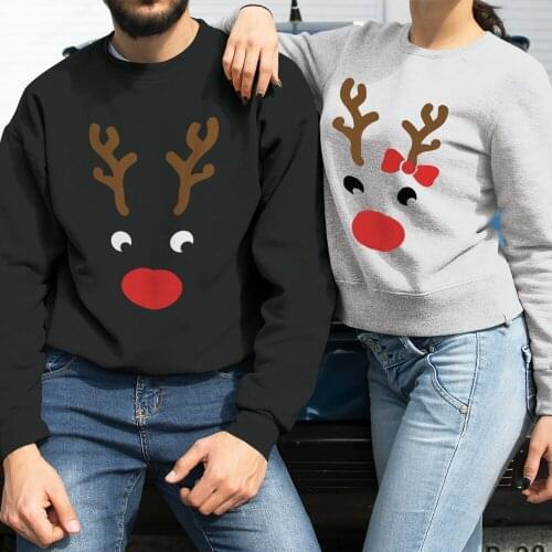 Cute Reindeer Colored Printed Christmas Sweatshirt Funny Unisex Matching Couples Sweatshirts Winter Graphic Holidays Pullovers