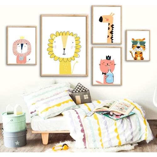 Cartoon Lion Giraffe Tiger Cat Milk Animal Wall Art Canvas Painting Nordic Posters And Prints Wall Pictures Baby Kids Room Decor