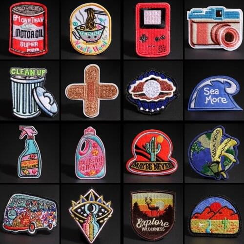 Fine Space Earth Embroidered Patches Iron On Trash Can Landscape Deer Cactus Game Console Clothes Hat Decor