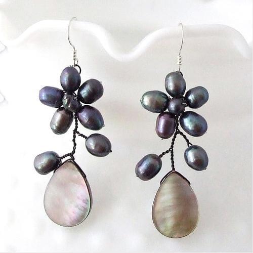 New Arrival Favorite Pearl Earring Black Sea Shell Genuine Freshwater Pearls S925 Silver Flower Dangle Earrings Lady Gift