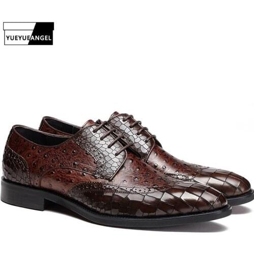 England Style Fashion New Mens Hand Made Real Leather Crocodile Pattern Formal Dress Shoes For Man Carved Pointed Toe Lace Up