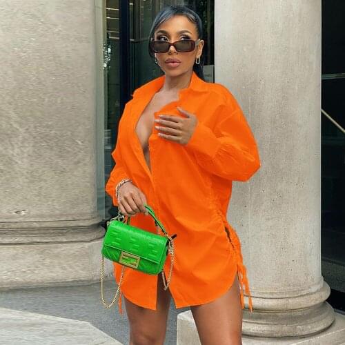 Solid Womens Ruched Drawstring Blouse Dress Turn Down Collar Long Sleeve Loose Shirt Dresses Autumn Chic Side Hollow Tunic