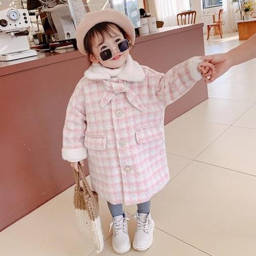 2019 Baby Girl Fashion Plaid Coat Girls Kids Fake Fur Collar Bowtie Winter Long Coats Children Clothing