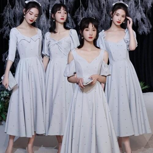 Bridesmaids Dresses Vintage V-Neck Short A-Line Pearls Off The Shoulder Knee-Length Luxury Gray Women Wedding Party Gown E754