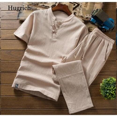 Shirt + trousers) New Arrival Summer Style Men Cotton and Linen Shirts High Quality Fashion Casual Solid Mens Cropped Pants