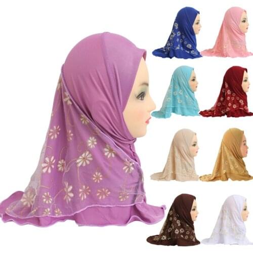 Beautiful Small Girl Inner Hijab Scarf with Flower Net Fit 2-7 Years Old Muslim Kids Pull On Islamic Scarf Shawls Headwrap 46cm