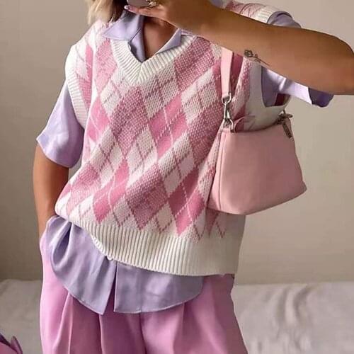 YiYiMiYu Sweater Vest Women Pink Sleeveless Plaid Knitted Crop Sweaters Casual Autumn Preppy Style 2021 tops V Neck Vintage