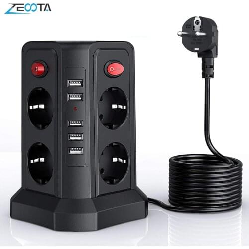 Vertical Power Strip Circuit Surge Protection EU Plug Electrical USB EU Socket Tower 8 Way DE Outlets 5m/16.4ft Extenstion Cord