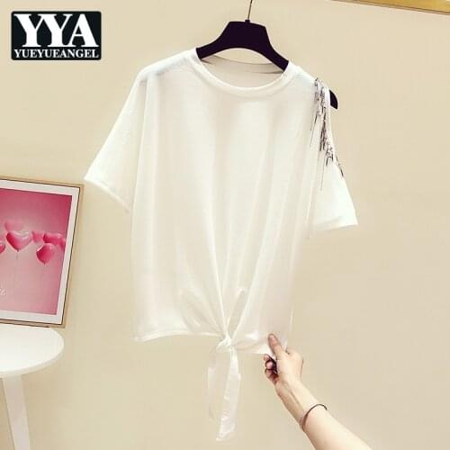 Sexy Strapless Beading Fashion Womens T-Shirts 2021 Summer New Short Sleeve Bandage Design Tie Female Loose Blouse Korean Style