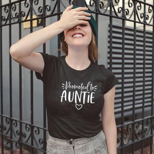 Promoted To Auntie Womens Short Sleeve Tops Tee Summer Funny Casual Short Sleeve T-Shirt New Aunt Tees Aunt To Be Tee Shirt