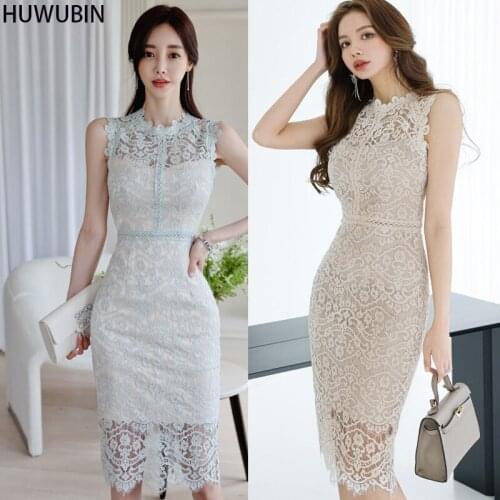 2021 Summer New Korean Womens Chic Round Neck Temperament Slim Fit Mid Long Splicing Lace Hip Fashion Avant-Garde Dress