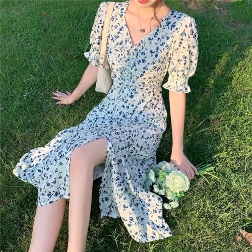 Sexy V-neck Split Long Summer Women Dress 2021 Fashion Floral Print Maxi Linen Sundress Elegant Office Lady Puff Sleeve Vestidos