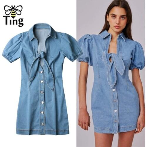 Tingfly Runway Sexy Bowknot Tie Denim Mini Dress Women Casual Chic Bodycon Single Breasted Tight Denim Dress Summer Robes Vestit