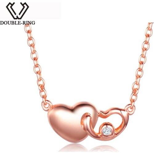 DOUBLE-R Heart Necklaces Women 0.01ct Diamond Plated Real Rose Gold 18k 925 Sterling Silver Pendant Brand Jewelry
