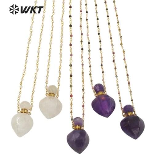 WT-N1277 WKT Natural Crystal Pendant Necklace Women Jewelry Rosary Chain Heart Shape A-methyst Perfume Bottle Necklace