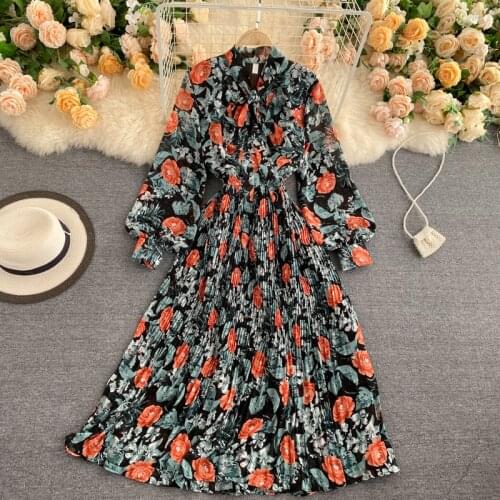 Women Pleated Dress Korean Bow Neck Long Sleeve print dress new 2021 elasticity high waist Spring Autumn Elegant Long dress