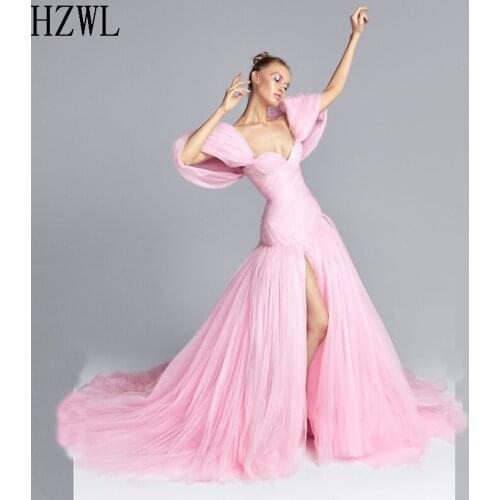 2021 Fairy Series Pink Tulle Prom Dresses Party Gown High Split Sweetheart Short Sleeve Evening Dresses vestido robe de soiree