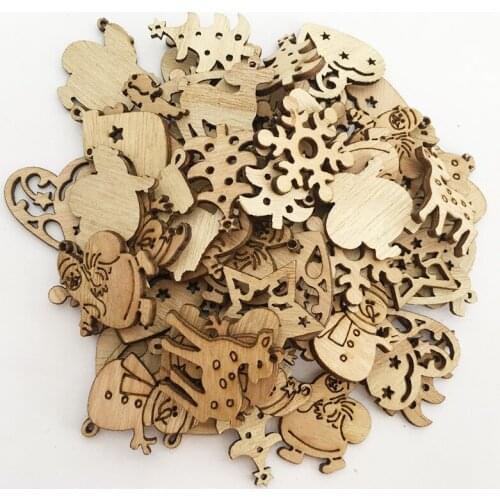 50PCS DIY Natural Wooden Chip Christmas Tree Hanging Ornaments Pendant Kids Gifts Snowman Tree Shape Xmas Ornaments Decorations