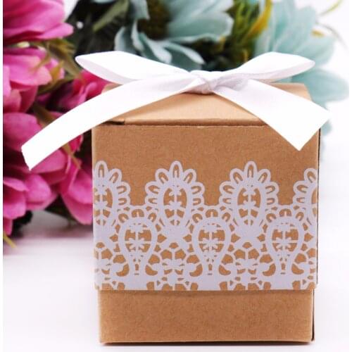 50Pcs/lot Candy Box Rustic Kraft Favor Romantic Vintage Gift Boxes With Ribbons Wedding birthday home Party Decoration supplies