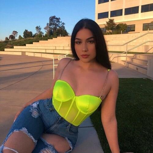 BKLD 2019 Women Metal Chain Spaghetti Strap Neon Green Rompers Jumpsuits New Clubwear Sexy See Through Women Bodycon Bodysuits
