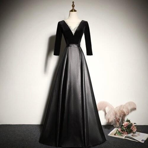 Black Velvet Satin Evening Dresses V-Neck Tulle Beads Illusion Sexy 3/4 Sleeves A-line Simple Formal Party Occasion Prom Gowns
