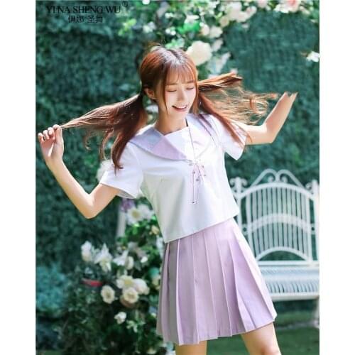 Gradient Purple Japanese School Uniforms Anime COS Sailor Suit Style Students Clothes for Girls Long Short Sleeve Women 2pcs Set