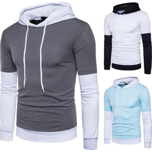 Mens Hooded T-Shirt Long Sleeve Color Matching Fashion Pullover T-Shirt Casual Patchwork Slim Type Tops