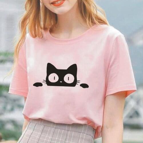 Harajuku T Shirt Women Tops Funny Cat Peeking Print Women Tshirt Summer Short Sleeve Tee Shirt Femme Cotton Loose Camiseta Mujer