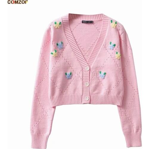 INS Vintage Women Long Sleeve Crop Top Cardigan V-Neck Knitted Sweater Short Autumn Jumper Flower Clothing Pull Femme