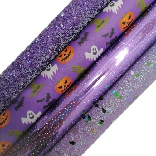 Purple Glitter leather, Pumpkins Printed synthetic leather, Patent Glitter Faux Leather Sheets For Bows DIY 21x29CM KM662