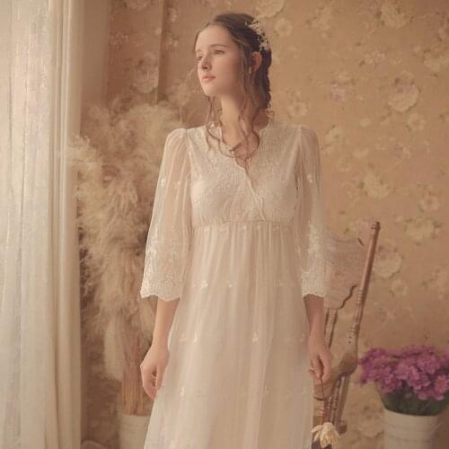 Embroidery Lace Sleepwear Women Nightdress Fairy White Vintage Nightgowns Victorian Sleeping Dress Peignoir Princess Lounge Wear