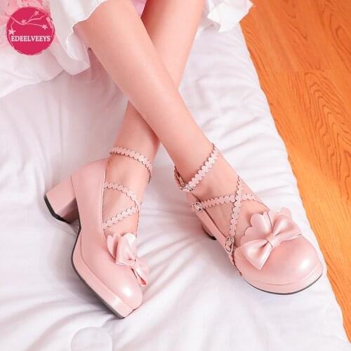 Womens Cute Lolita Cross Strap Mary Jane Shoes Chunky Heel Party Wedding Cosplay Bow Sweet Princess Pumps Japanese JK Uniform