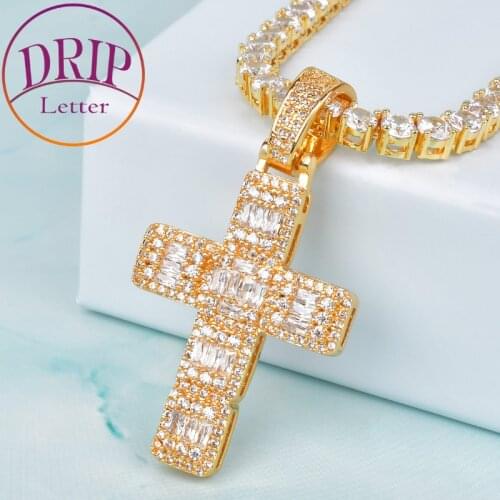 Iced Zircon Cross Gold Color Copper Material Necklace For Men Hip Hop Pendant Jewelry