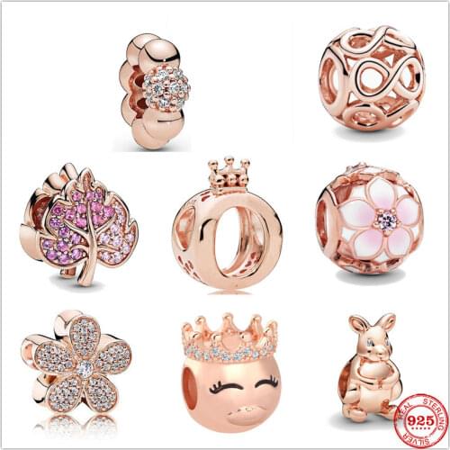 NEW Rose Gold Sparkling Flower Leaf Kangaroo 925 Sterling Silver Beads Charm Fit Original Pandora Bracelet DIY Jewelry For Women